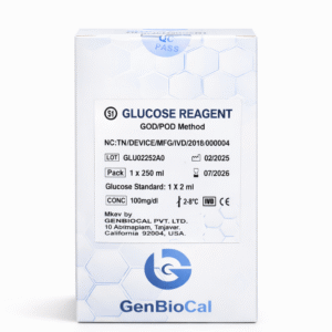 GenBioCal Glucose Reagent GOD/POD Method 250ml IVD kit with 100 mg/dl glucose standard